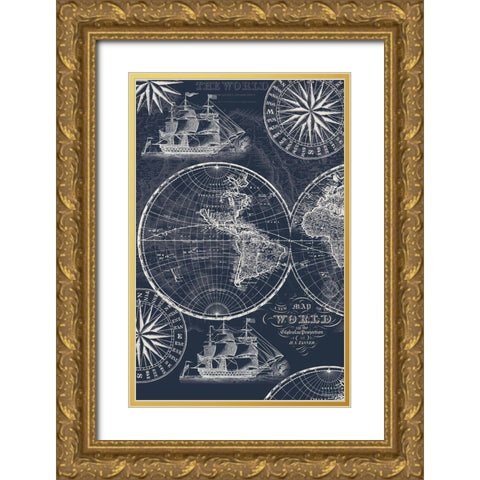 Nautical Ocean Maps Coordiate Blue Gold Ornate Wood Framed Art Print with Double Matting by Allen, Candace