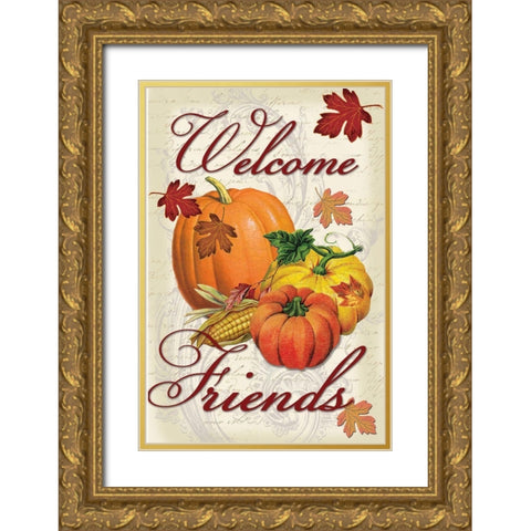 Welcome Friends Fall Gold Ornate Wood Framed Art Print with Double Matting by Lula Bijoux and Company