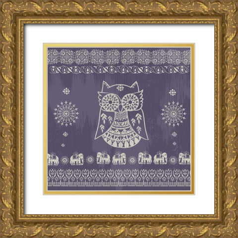 Boho Owl Purple Gold Ornate Wood Framed Art Print with Double Matting by Allen, Candace