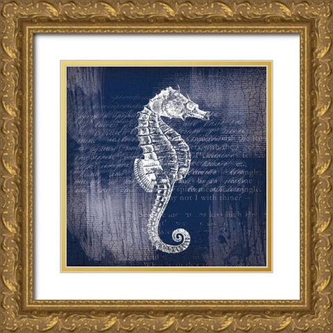 Sea Horse On Blue Gold Ornate Wood Framed Art Print with Double Matting by Lula Bijoux and Company
