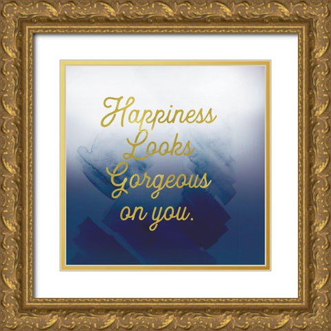 Happiness Looks Good Navy Gold Ornate Wood Framed Art Print with Double Matting by Lula Bijoux and Company