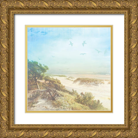 Beach Side Watercolor Gold Ornate Wood Framed Art Print with Double Matting by Lula Bijoux and Company