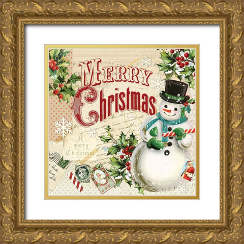 Merry Xmas Snowman Gold Ornate Wood Framed Art Print with Double Matting by Lula Bijoux And Company
