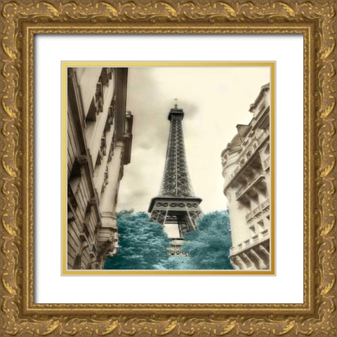 Teal Eiffel Tower 1 Gold Ornate Wood Framed Art Print with Double Matting by Poinski, Dianne