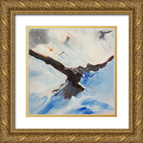 Crow In Flight Gold Ornate Wood Framed Art Print with Double Matting by Lewis, Sharalee