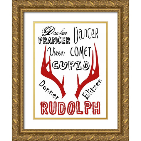 Santas Reindeer Gold Ornate Wood Framed Art Print with Double Matting by Lewis, Sheldon