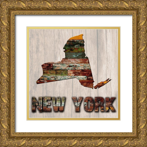 New York Wooden Map Gold Ornate Wood Framed Art Print with Double Matting by Lewis, Sheldon