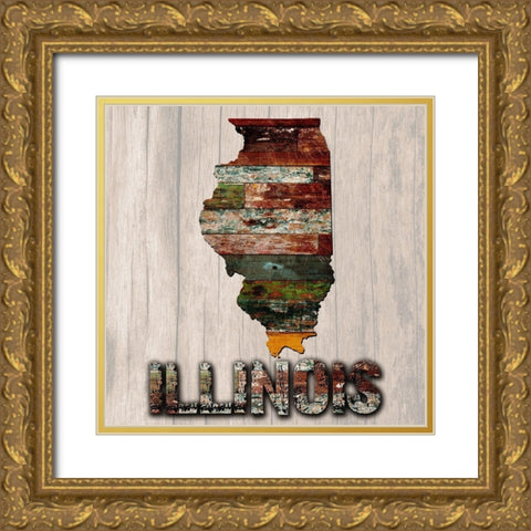 Illionis Wooden Map Gold Ornate Wood Framed Art Print with Double Matting by Lewis, Sheldon