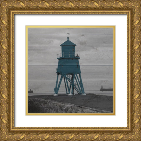 Lighthouse Blue Gold Ornate Wood Framed Art Print with Double Matting by Lewis, Sheldon