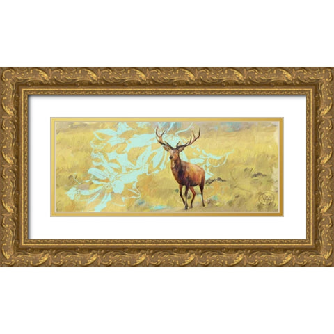 Stag With Magnolia Gold Ornate Wood Framed Art Print with Double Matting by Butcher, Sarah