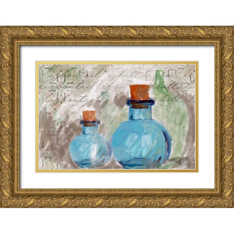 Blue Glass Bottles Gold Ornate Wood Framed Art Print with Double Matting by Butcher, Sarah