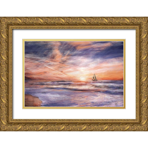 Sunset Sailboat Gold Ornate Wood Framed Art Print with Double Matting by Butcher, Sarah