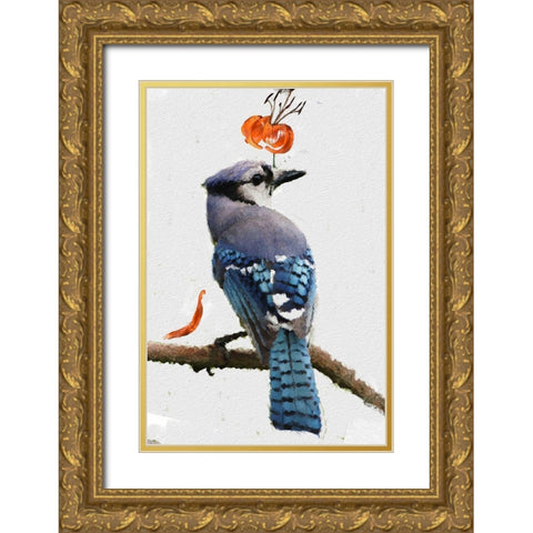 Flowering Blue Jay Gold Ornate Wood Framed Art Print with Double Matting by Butcher, Sarah