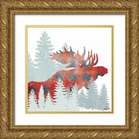 Moose Plaid Forest Gold Ornate Wood Framed Art Print with Double Matting by Carlson, Tina