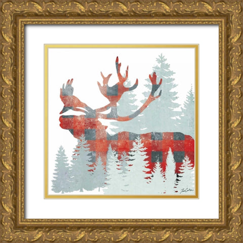 Plaid Caribou Forest Gold Ornate Wood Framed Art Print with Double Matting by Carlson, Tina
