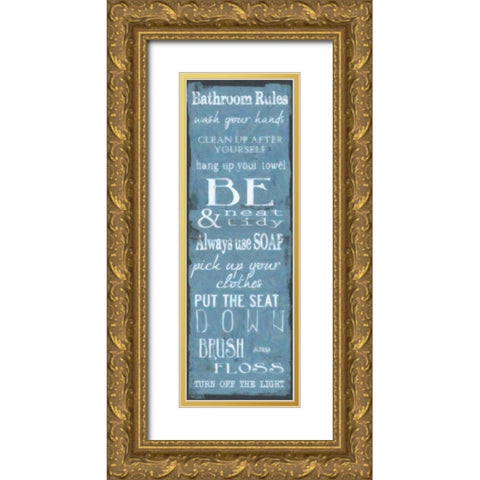 Bathroom Rules Blue White Gold Ornate Wood Framed Art Print with Double Matting by Greene, Taylor
