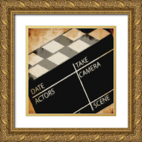 LIGHTS CAMERA ACTION_CLAPBOARD Gold Ornate Wood Framed Art Print with Double Matting by Greene, Taylor