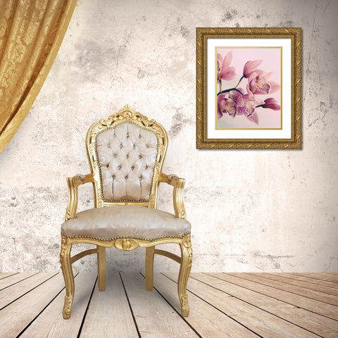 Pink Orchids Gold Ornate Wood Framed Art Print with Double Matting by Urban Epiphany