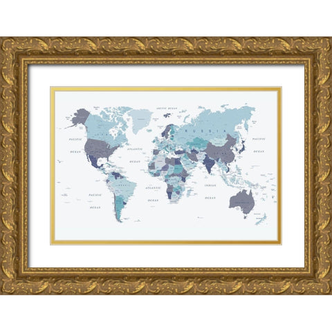World Map Blue 1 Gold Ornate Wood Framed Art Print with Double Matting by Urban Epiphany