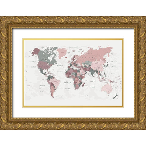 World Map Pink Green 2 Gold Ornate Wood Framed Art Print with Double Matting by Urban Epiphany