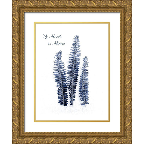 Fern Fronds Navy Gold Ornate Wood Framed Art Print with Double Matting by Urban Epiphany
