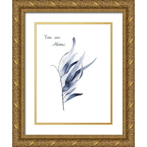 Gum Leaves Navy Gold Ornate Wood Framed Art Print with Double Matting by Urban Epiphany