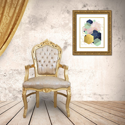 Gold Blush Navy Mint Hexagonal Gold Ornate Wood Framed Art Print with Double Matting by Urban Epiphany