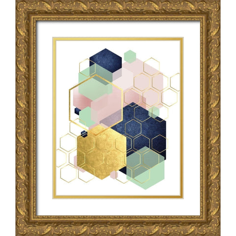 Gold Blush Navy Mint Hexagonal Gold Ornate Wood Framed Art Print with Double Matting by Urban Epiphany