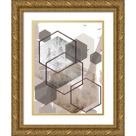 Abstract Hexagons Beige Gold Ornate Wood Framed Art Print with Double Matting by Urban Epiphany