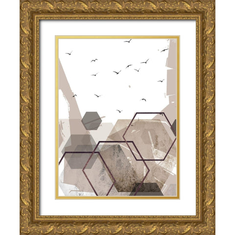 Abstract Hexagons Beige Gold Ornate Wood Framed Art Print with Double Matting by Urban Epiphany