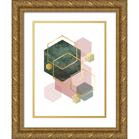 Pink Green Geo 1 Gold Ornate Wood Framed Art Print with Double Matting by Urban Epiphany