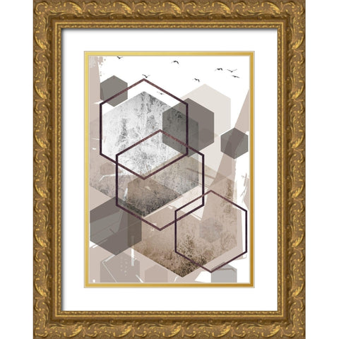 Abstract Hexagons Beige 1 Gold Ornate Wood Framed Art Print with Double Matting by Urban Epiphany