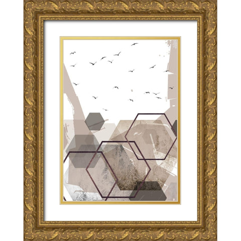 Abstract Hexagons Beige 2 Gold Ornate Wood Framed Art Print with Double Matting by Urban Epiphany