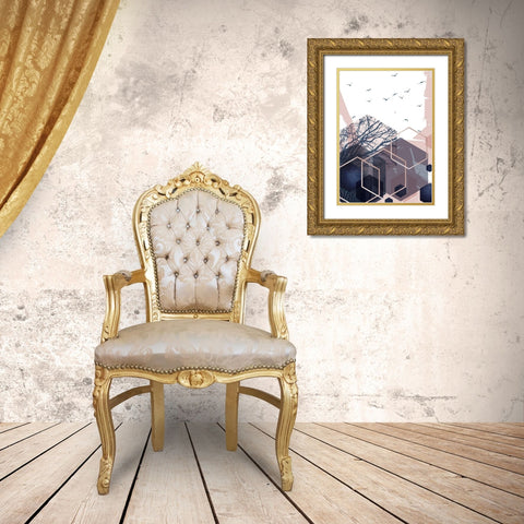 Geo Birds 2 Gold Ornate Wood Framed Art Print with Double Matting by Urban Epiphany