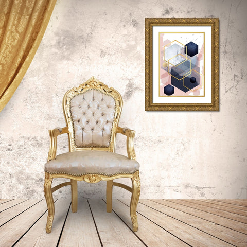 Navy Blush Geo 1 Gold Ornate Wood Framed Art Print with Double Matting by Urban Epiphany