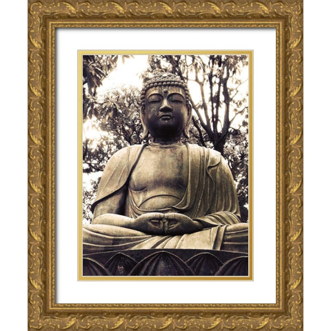 Japanese Buddha Statue Gold Ornate Wood Framed Art Print with Double Matting by Urban Epiphany