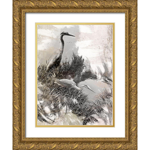 Japanese Herons Gold Ornate Wood Framed Art Print with Double Matting by Urban Epiphany