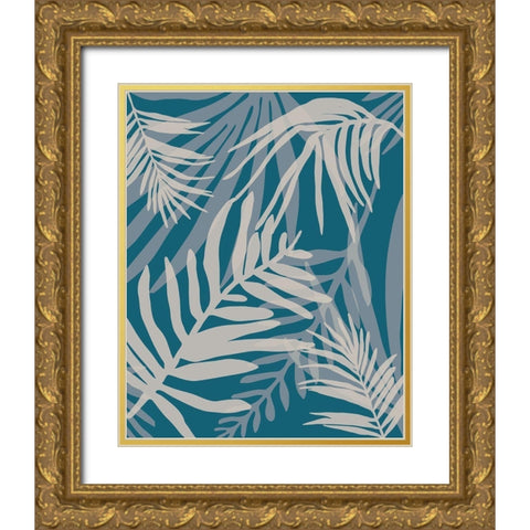 Teal and Beige Glam Leaves Gold Ornate Wood Framed Art Print with Double Matting by Urban Epiphany