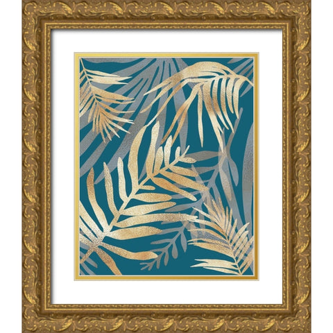 Glam Leaves Teal Gold Ornate Wood Framed Art Print with Double Matting by Urban Epiphany