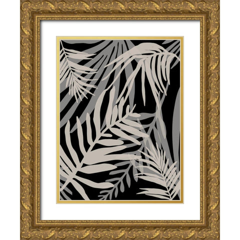 Black Glam Leaves 1 Gold Ornate Wood Framed Art Print with Double Matting by Urban Epiphany