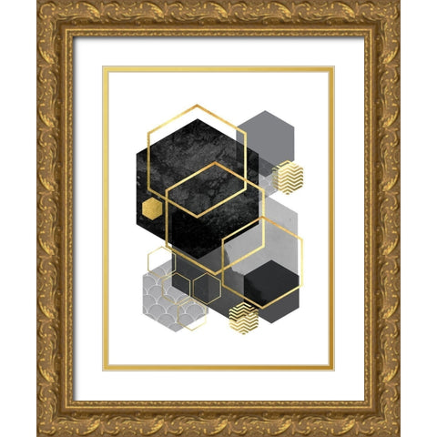 Black Grey Gold Geo 2 Gold Ornate Wood Framed Art Print with Double Matting by Urban Epiphany