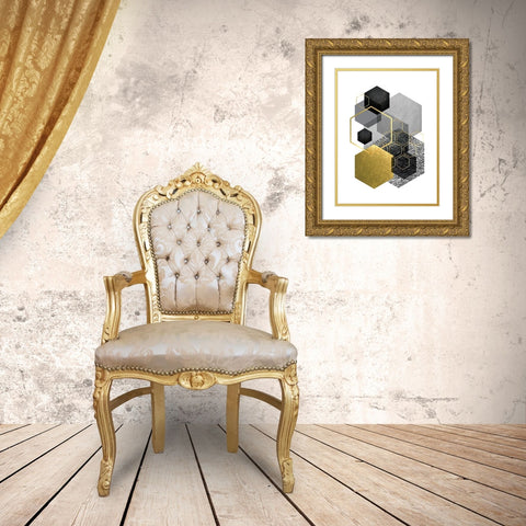 Black Grey Gold Geo 3 Gold Ornate Wood Framed Art Print with Double Matting by Urban Epiphany
