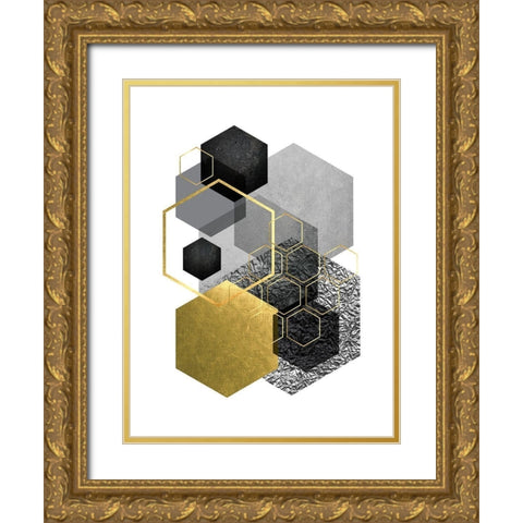 Black Grey Gold Geo 3 Gold Ornate Wood Framed Art Print with Double Matting by Urban Epiphany