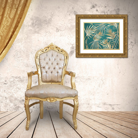 Glam Leaves Teal 1 Gold Ornate Wood Framed Art Print with Double Matting by Urban Epiphany