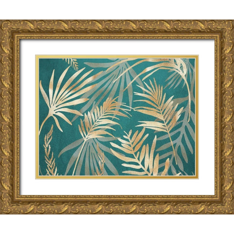 Glam Leaves Teal 1 Gold Ornate Wood Framed Art Print with Double Matting by Urban Epiphany