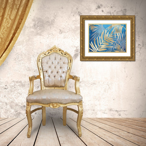 Glam Leaves Blue Gold Ornate Wood Framed Art Print with Double Matting by Urban Epiphany