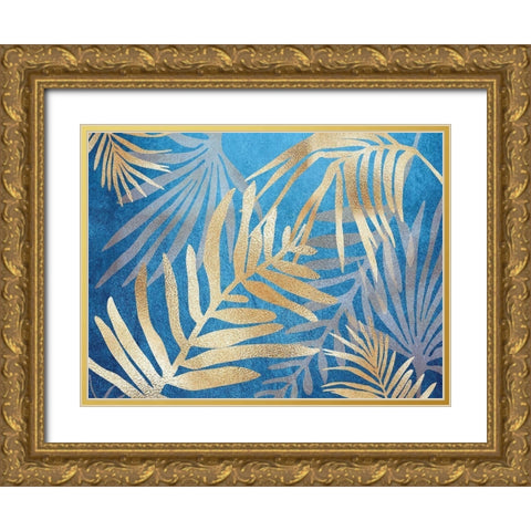 Glam Leaves Blue Gold Ornate Wood Framed Art Print with Double Matting by Urban Epiphany