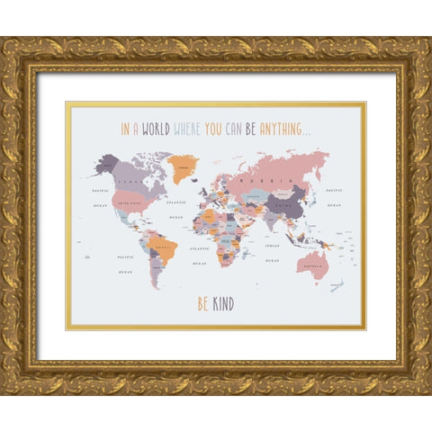 Be Kind World Map 4 Gold Ornate Wood Framed Art Print with Double Matting by Urban Epiphany