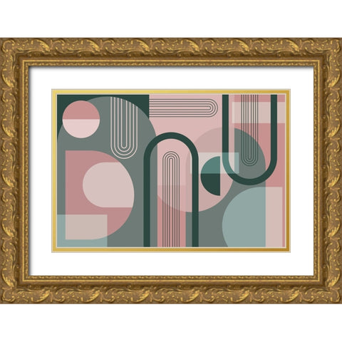 Abstract Arches Pink Green 1 Gold Ornate Wood Framed Art Print with Double Matting by Urban Epiphany