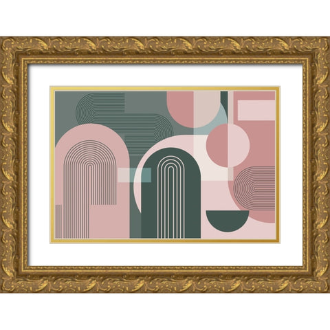Abstract Arches Pink Green 2 Gold Ornate Wood Framed Art Print with Double Matting by Urban Epiphany